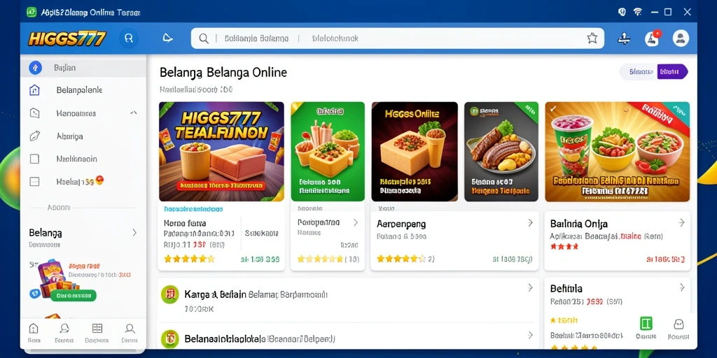 Antarmuka HIGGS777 menampilkan berbagai produk Belanja Online.